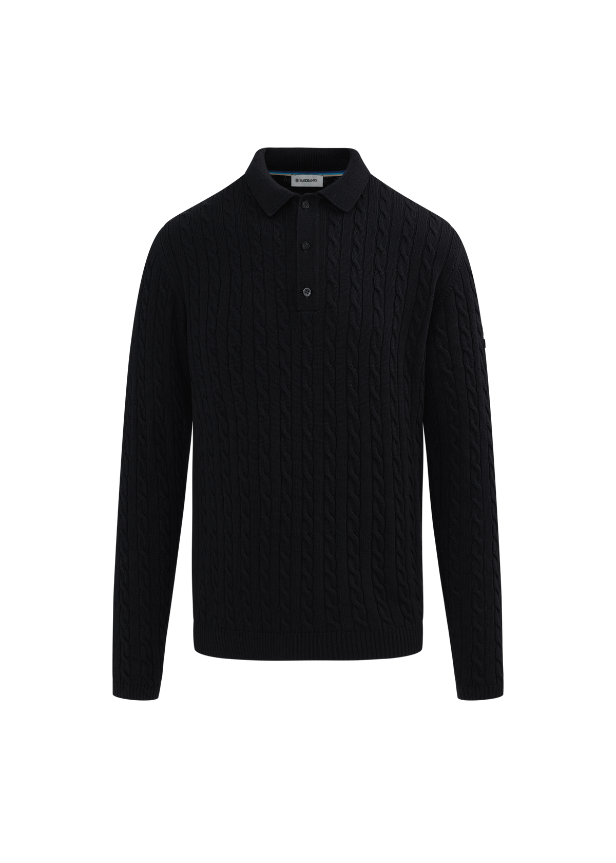 Merino Wool Cable Knit Polo Shirt - Black