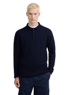 Merino Cable Knit Polo Shirt - Navy