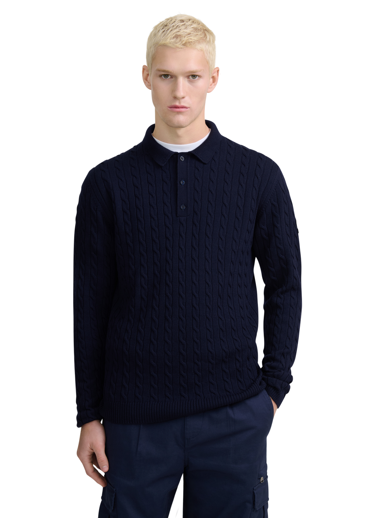 Merino Cable Knit Polo Shirt - Navy