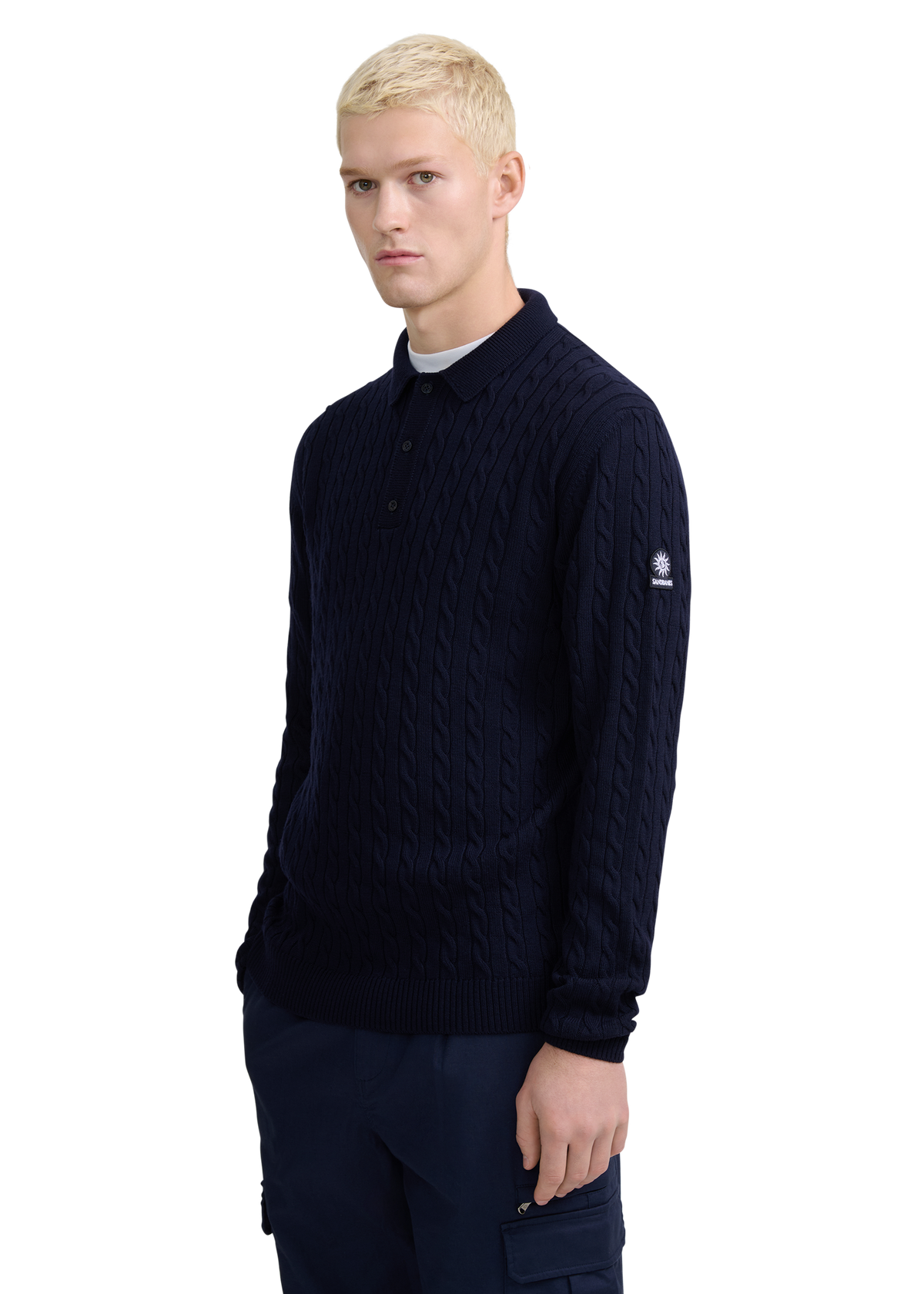 Merino Cable Knit Polo Shirt - Navy