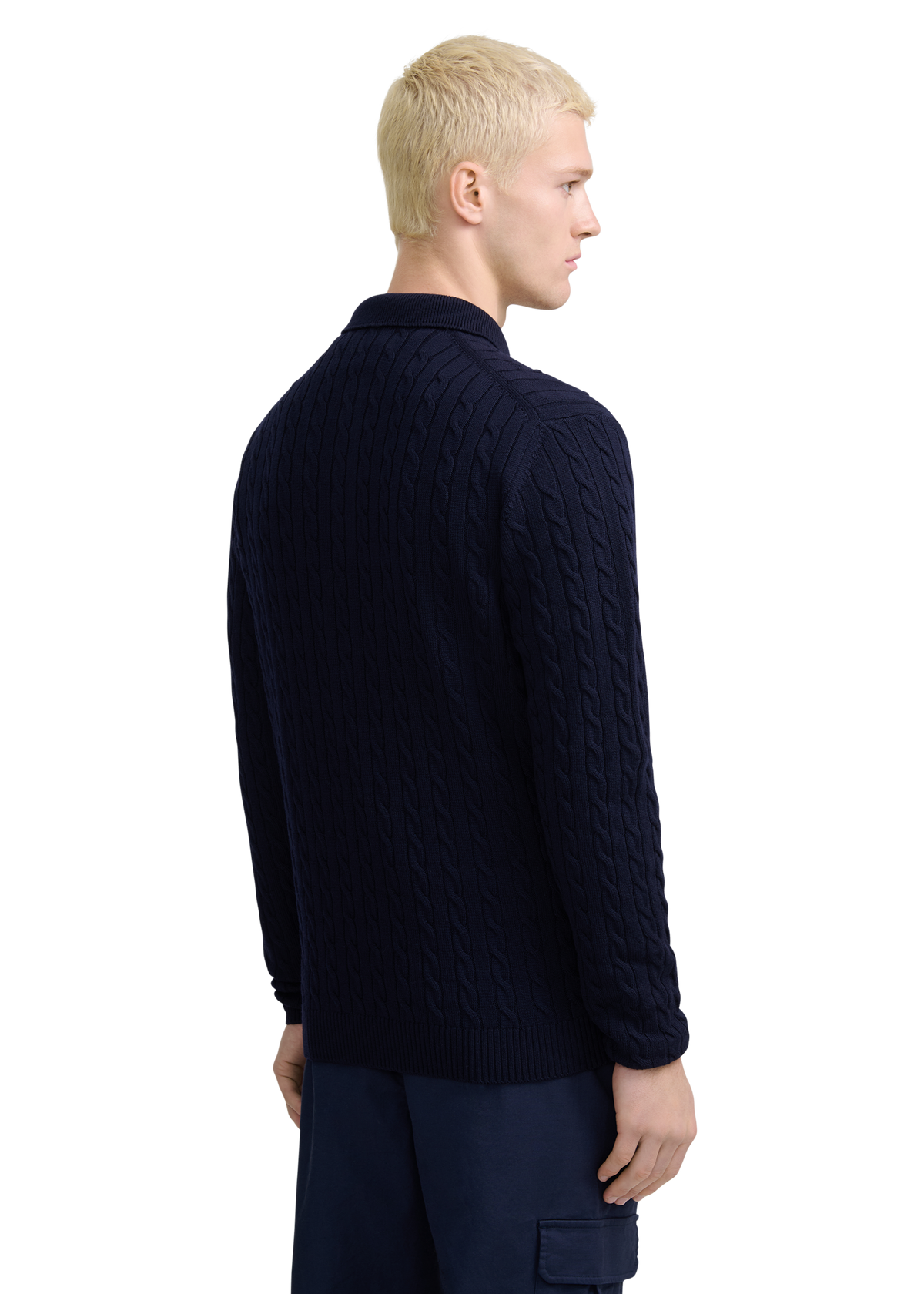 Merino Cable Knit Polo Shirt - Navy