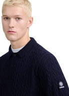 Merino Cable Knit Polo Shirt - Navy