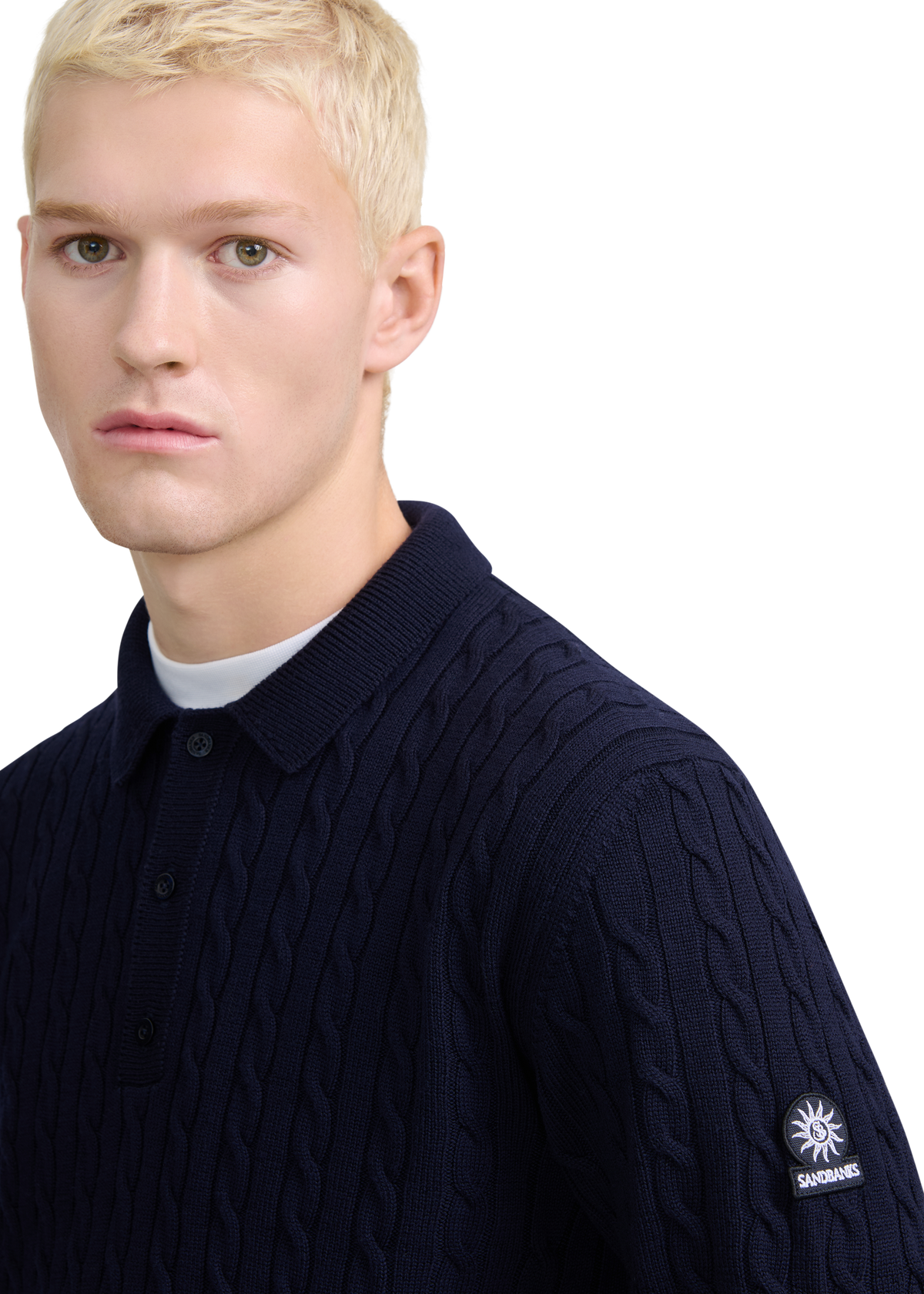 Merino Cable Knit Polo Shirt - Navy