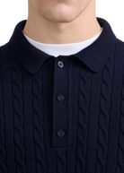Merino Cable Knit Polo Shirt - Navy
