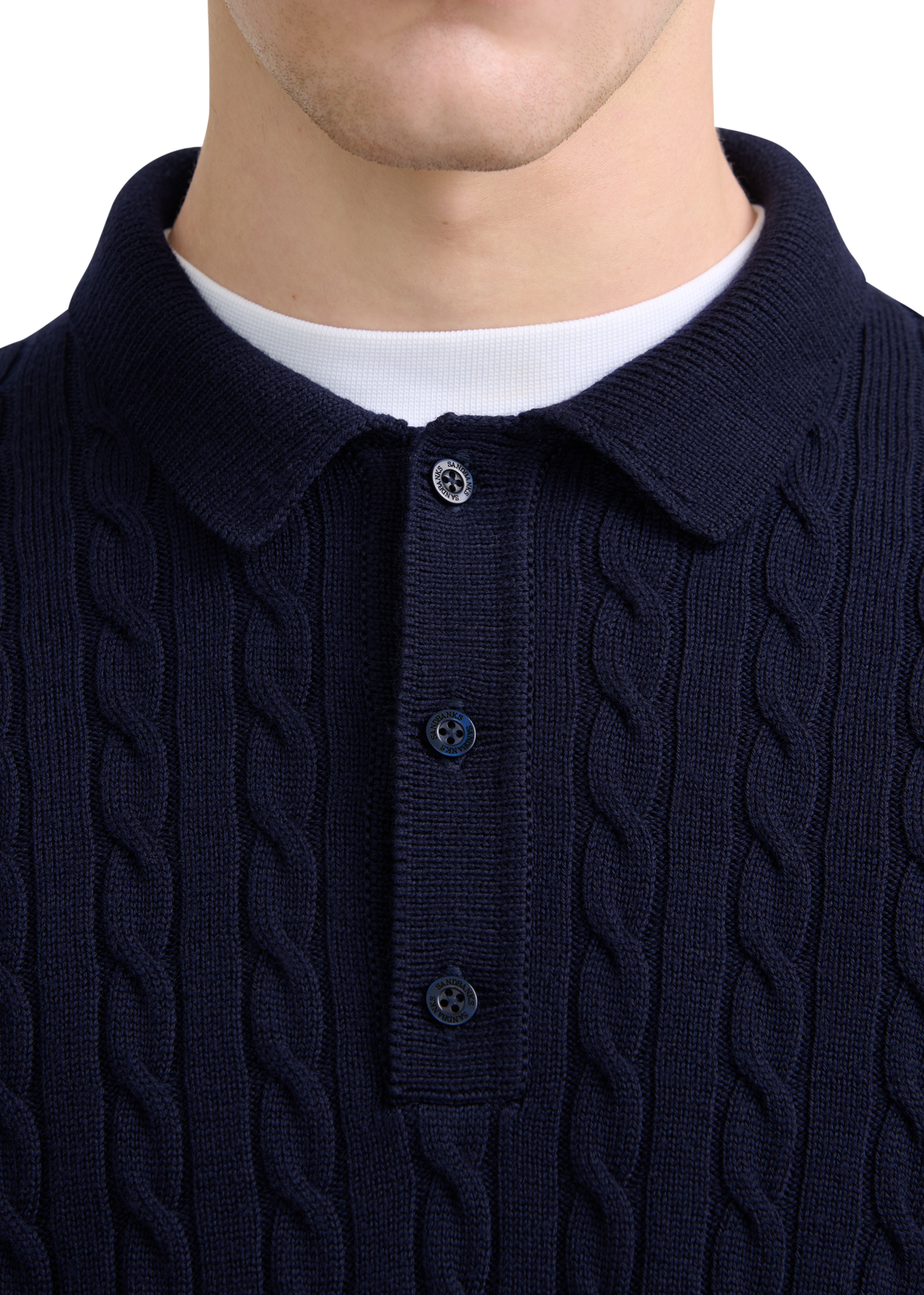 Merino Cable Knit Polo Shirt - Navy