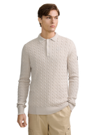 Merino Cable Knit Polo Shirt - Stone
