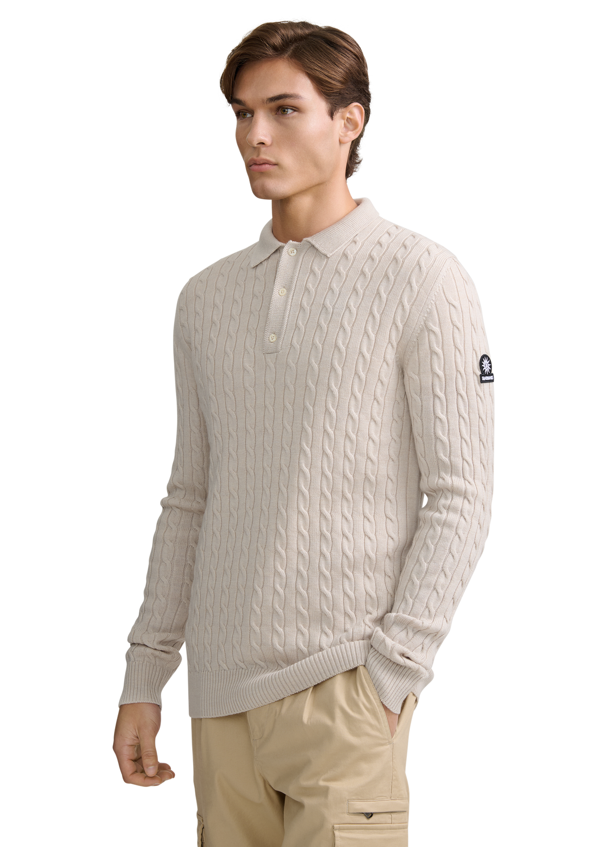 Merino Cable Knit Polo Shirt - Stone