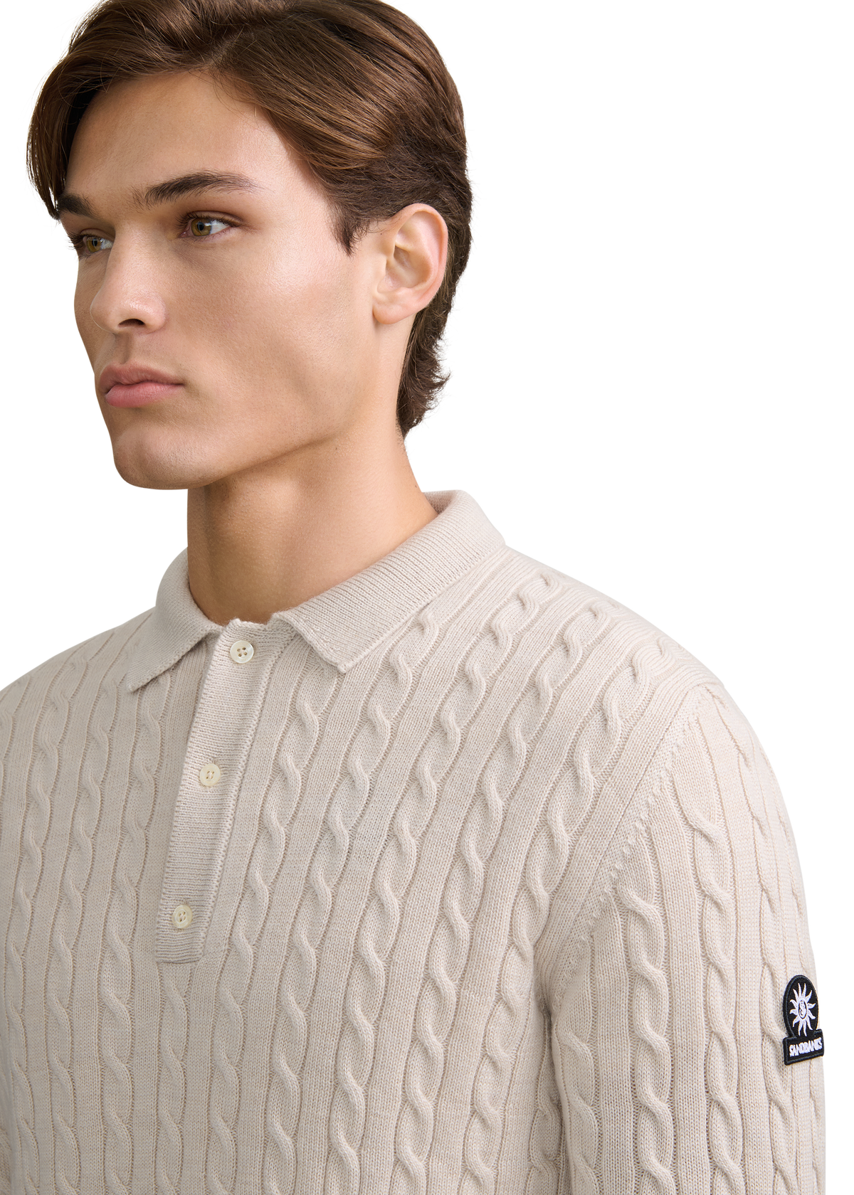 Merino Cable Knit Polo Shirt - Stone