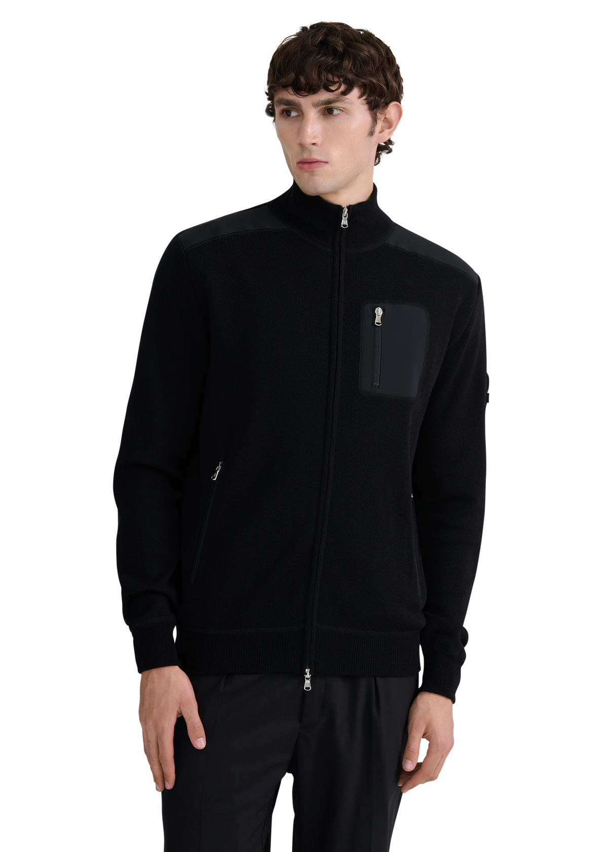 Technical Panelled Knit Zip Jacket - Black