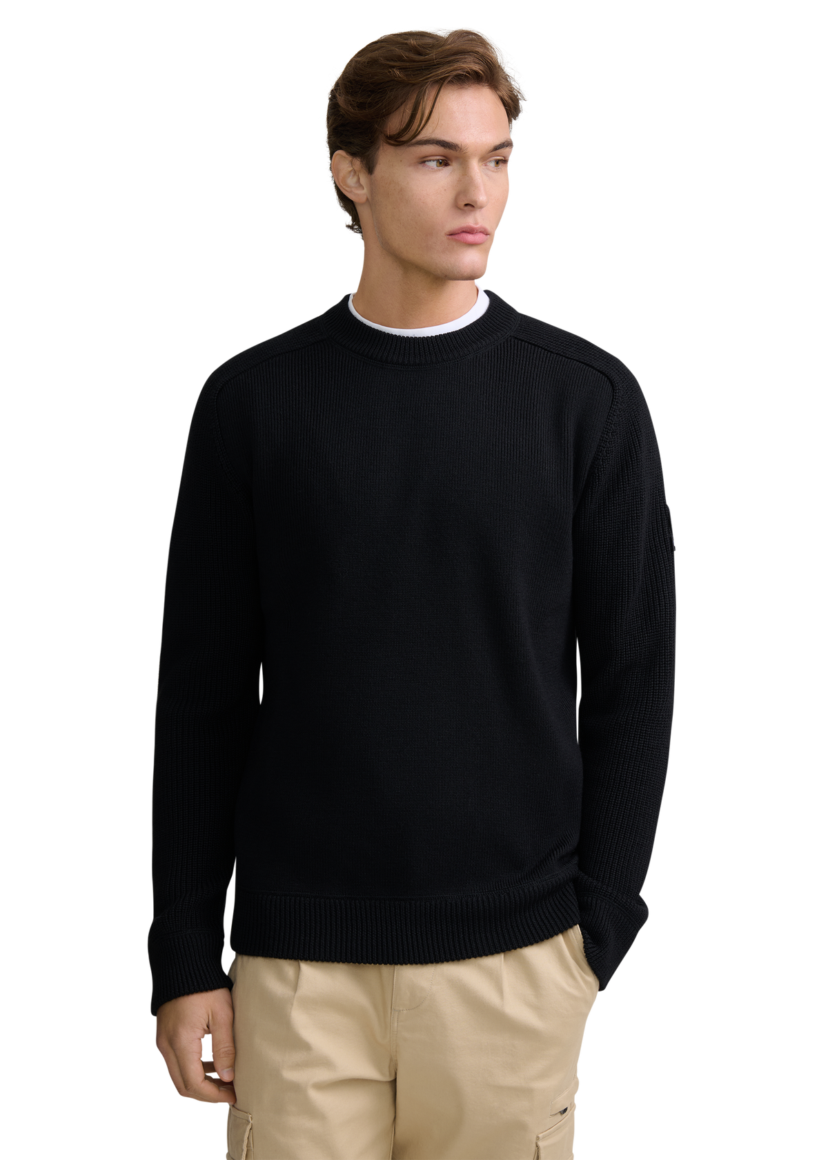 Crew Neck Raglan with Cardigan Stitch Sleeve - Black