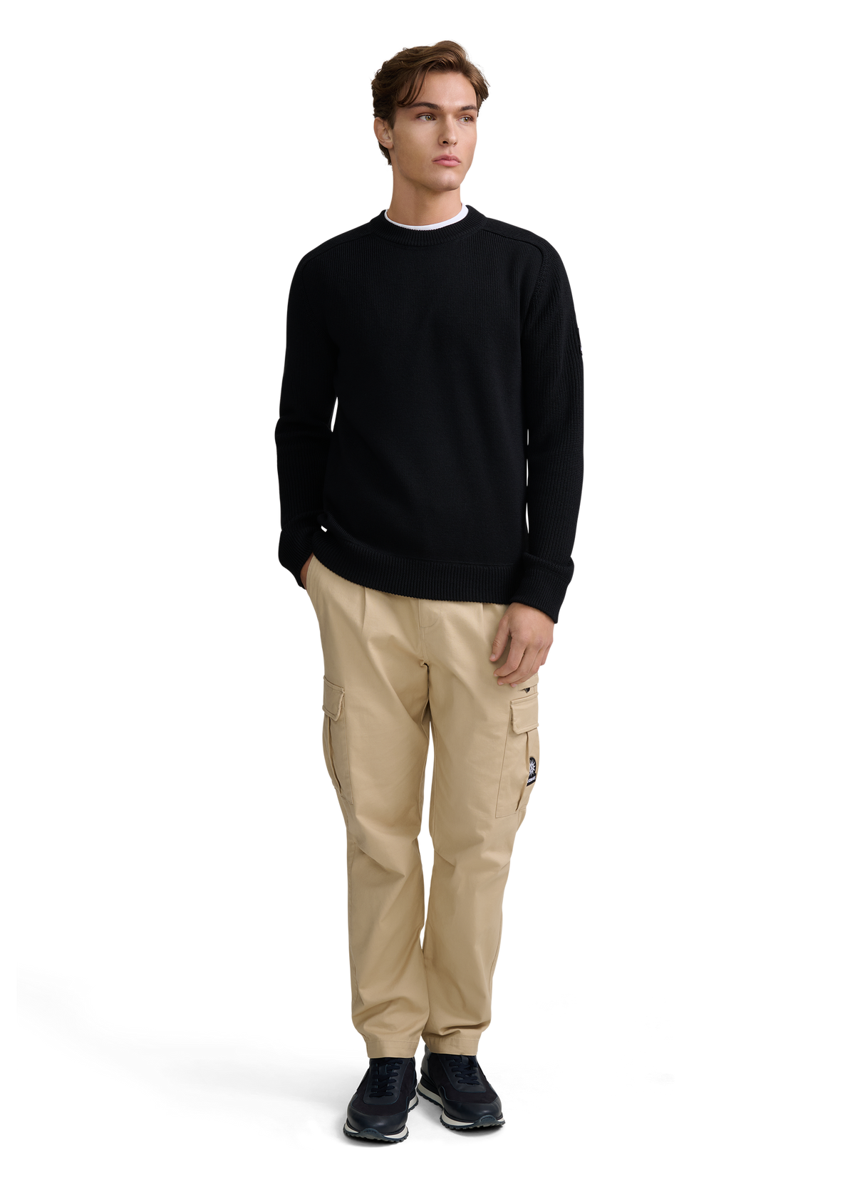 Crew Neck Raglan with Cardigan Stitch Sleeve - Black