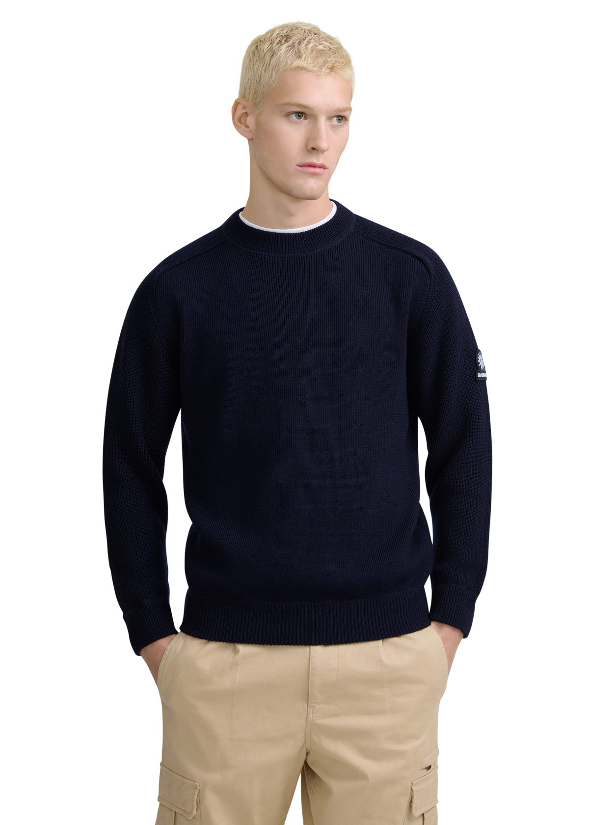 Crew Neck Raglan with Cardigan Stitch Sleeve - Navy