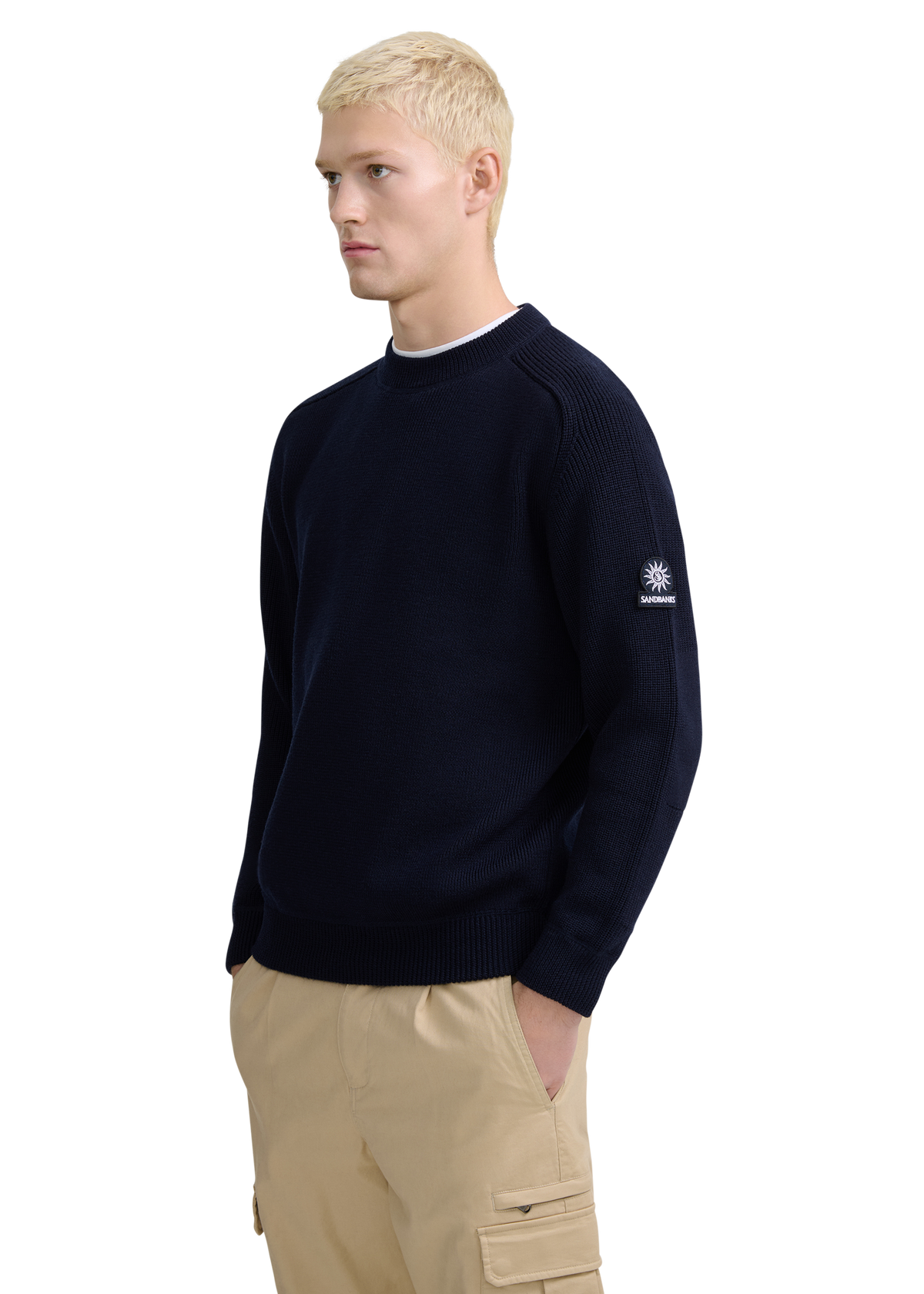 Crew Neck Raglan with Cardigan Stitch Sleeve - Navy