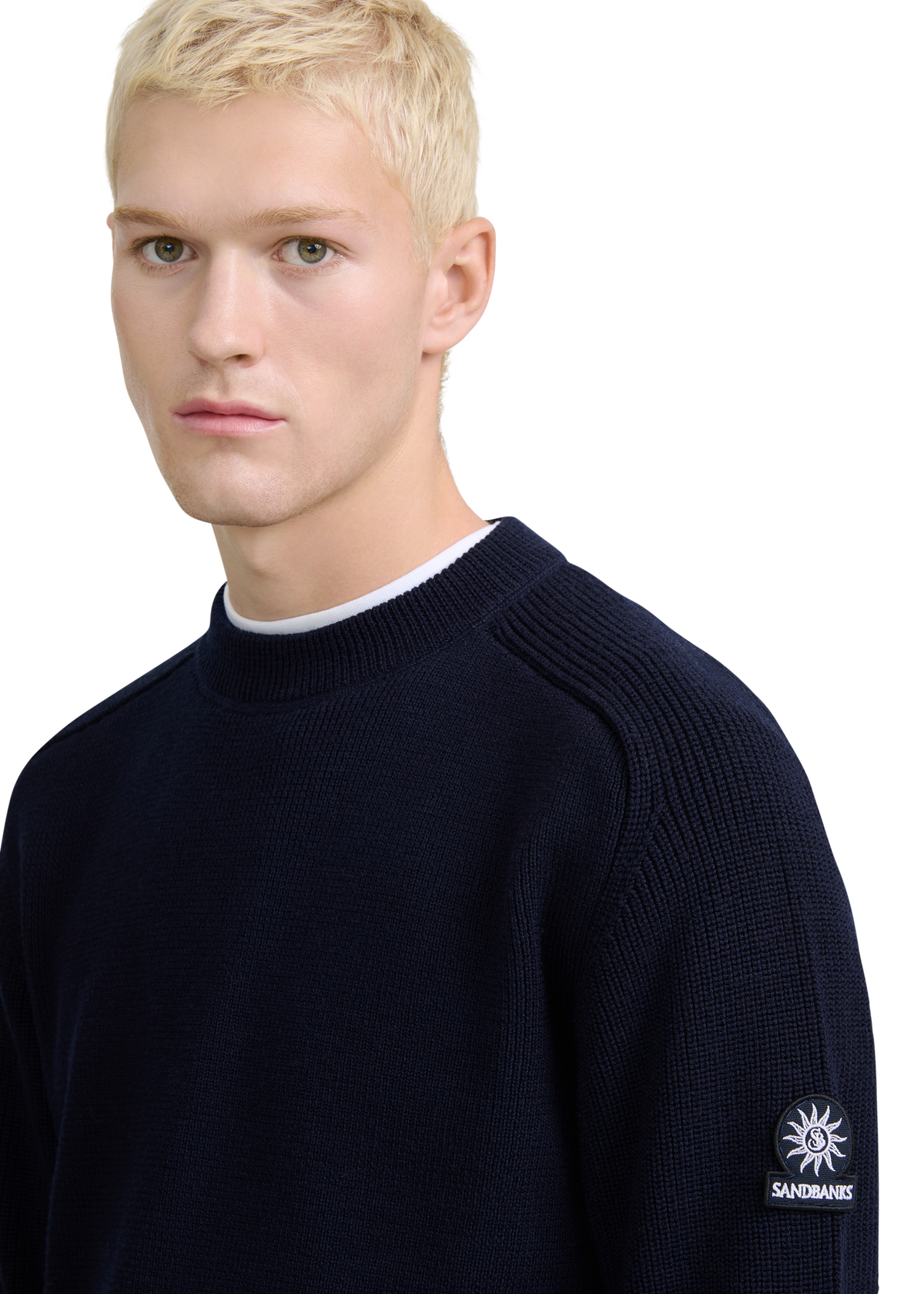 Crew Neck Raglan with Cardigan Stitch Sleeve - Navy