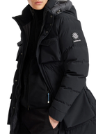 Black winter jacket with a brand logo on a white background