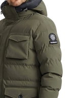 Green winter jacket with a brand logo on the sleeve against a white background