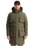 Man wearing a green winter coat with a hood on a white background