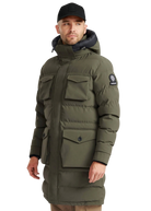 Man wearing a green winter coat with a brand logo on a white background