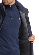Navy jacket with a brand logo on a white background