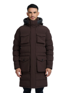 Man wearing a brown winter coat on a white background