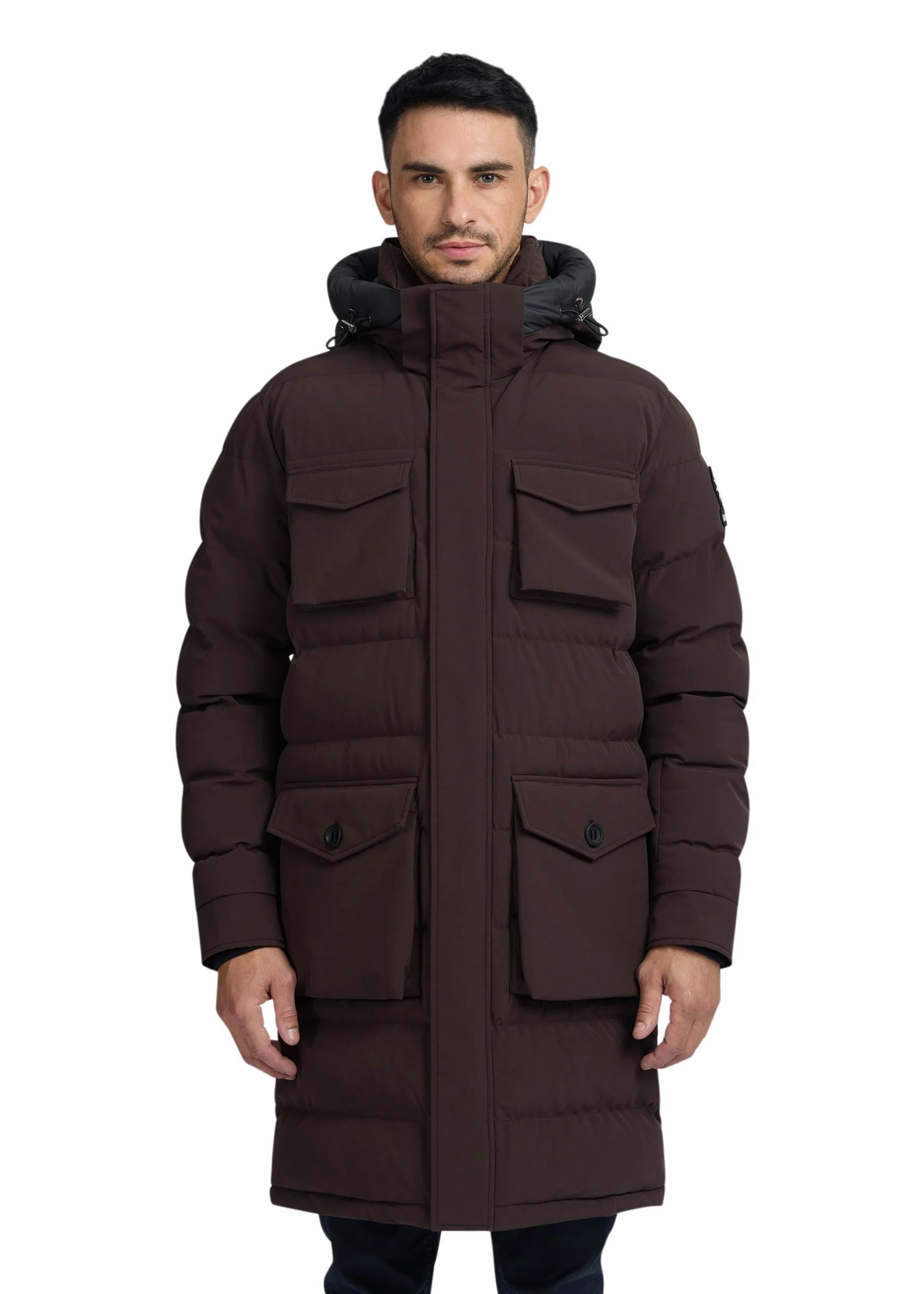 Man wearing a brown winter coat on a white background