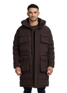 Man wearing a brown winter coat with a hood on a white background