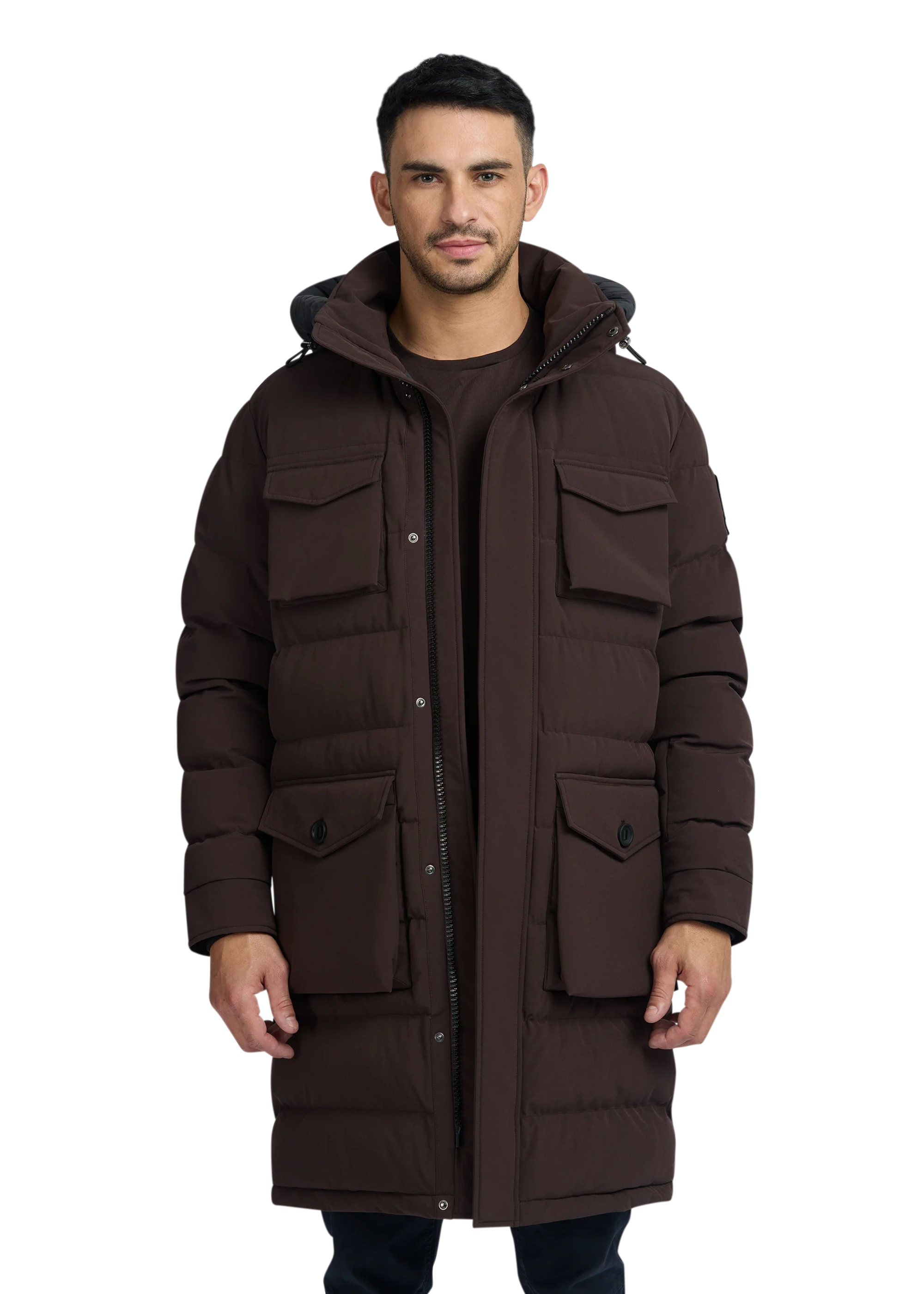 Man wearing a brown winter coat with a hood on a white background