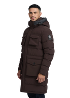 Man wearing a brown winter coat with a hood on a white background