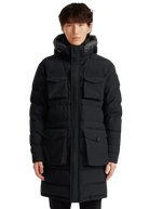 Man wearing a black winter coat on a white background