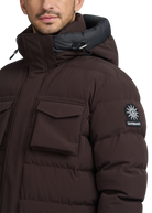 Brown winter jacket with a brand logo on a white background