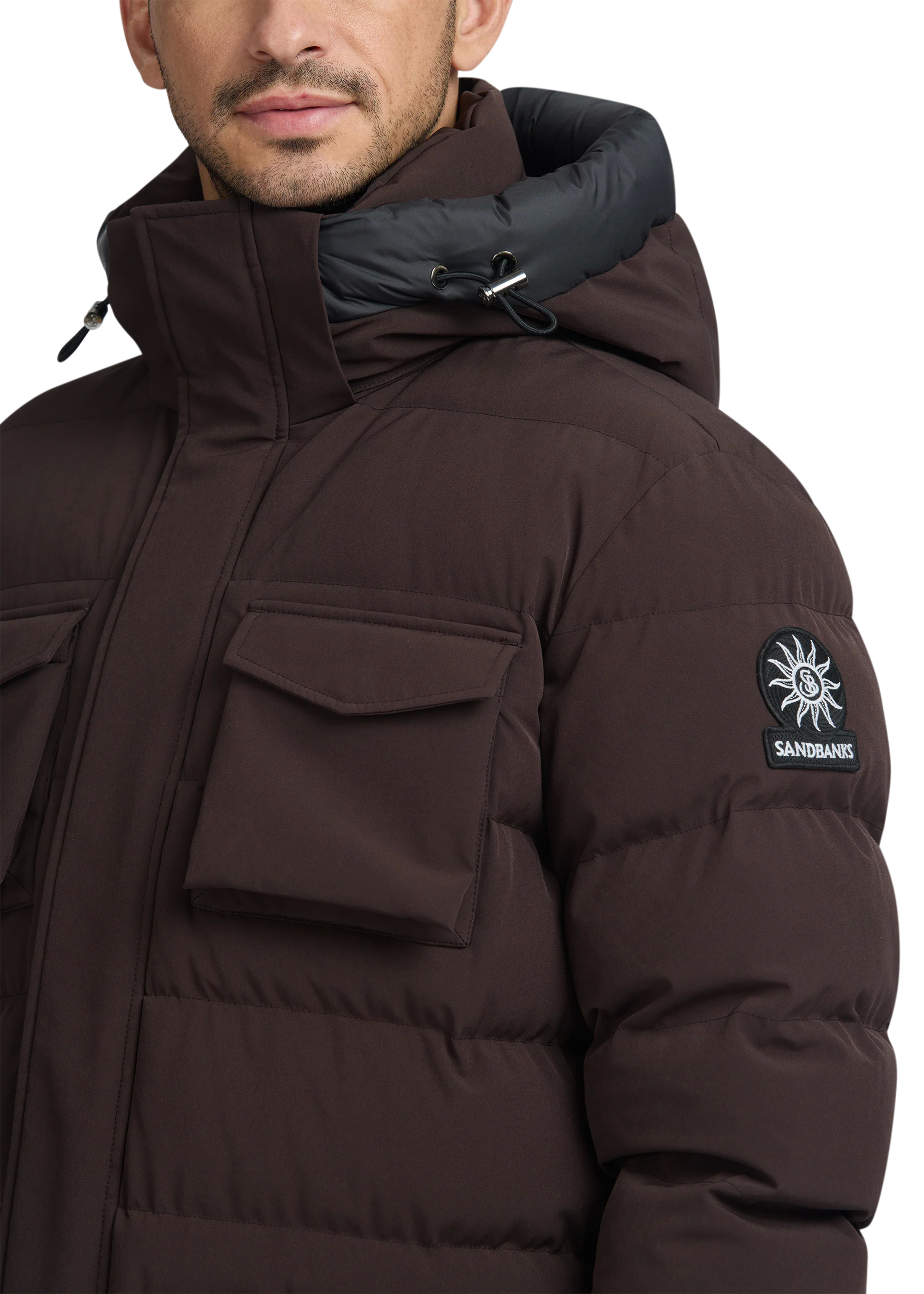 Brown winter jacket with a brand logo on a white background