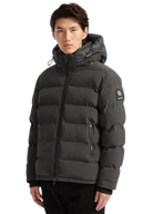 Man wearing a black puffer jacket with a brand logo on a white background