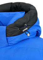 Close-up of a blue sleeping bag with black interior and drawstring closure on a white background