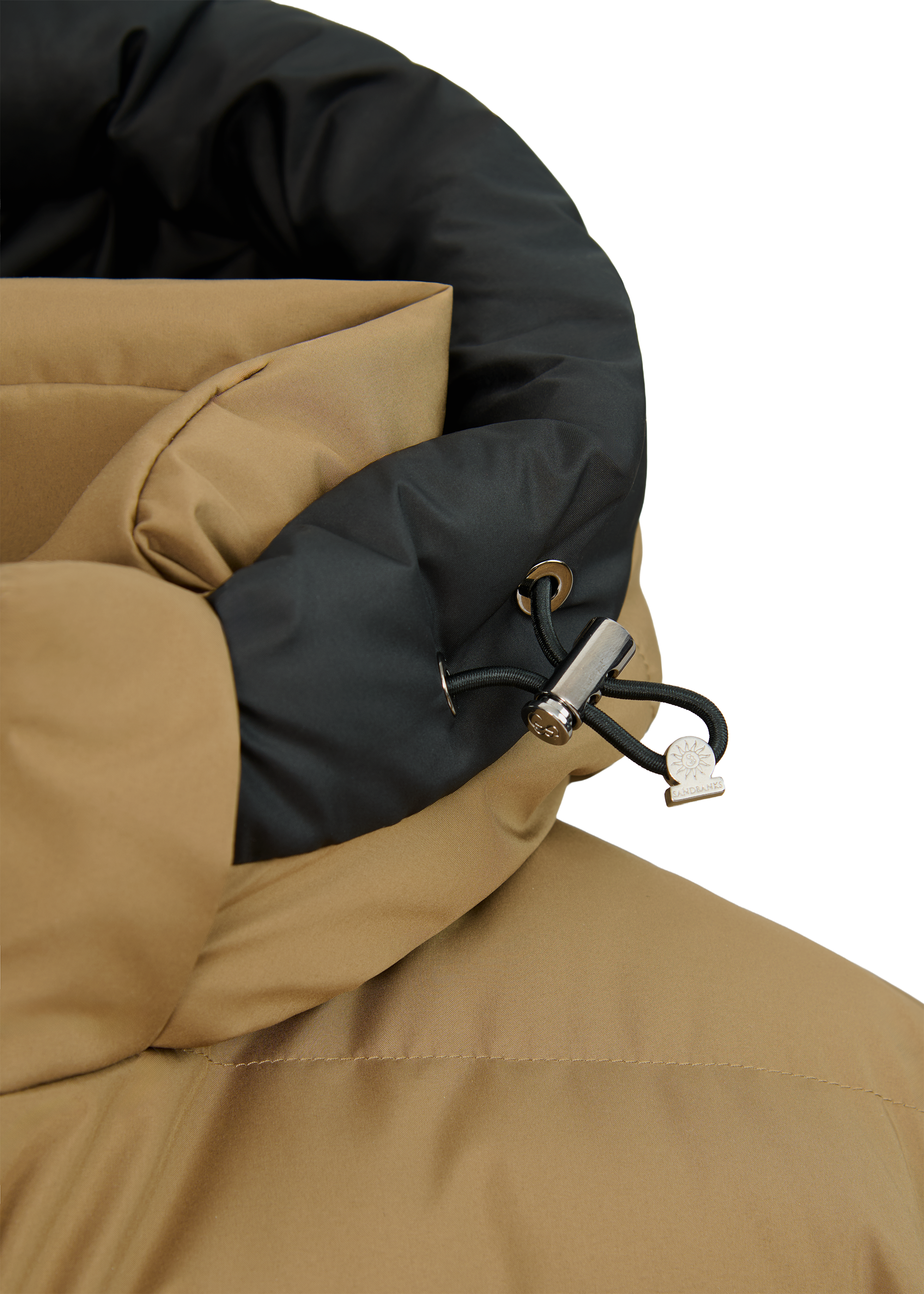 Close-up of a brown and black jacket with a hood on a white background