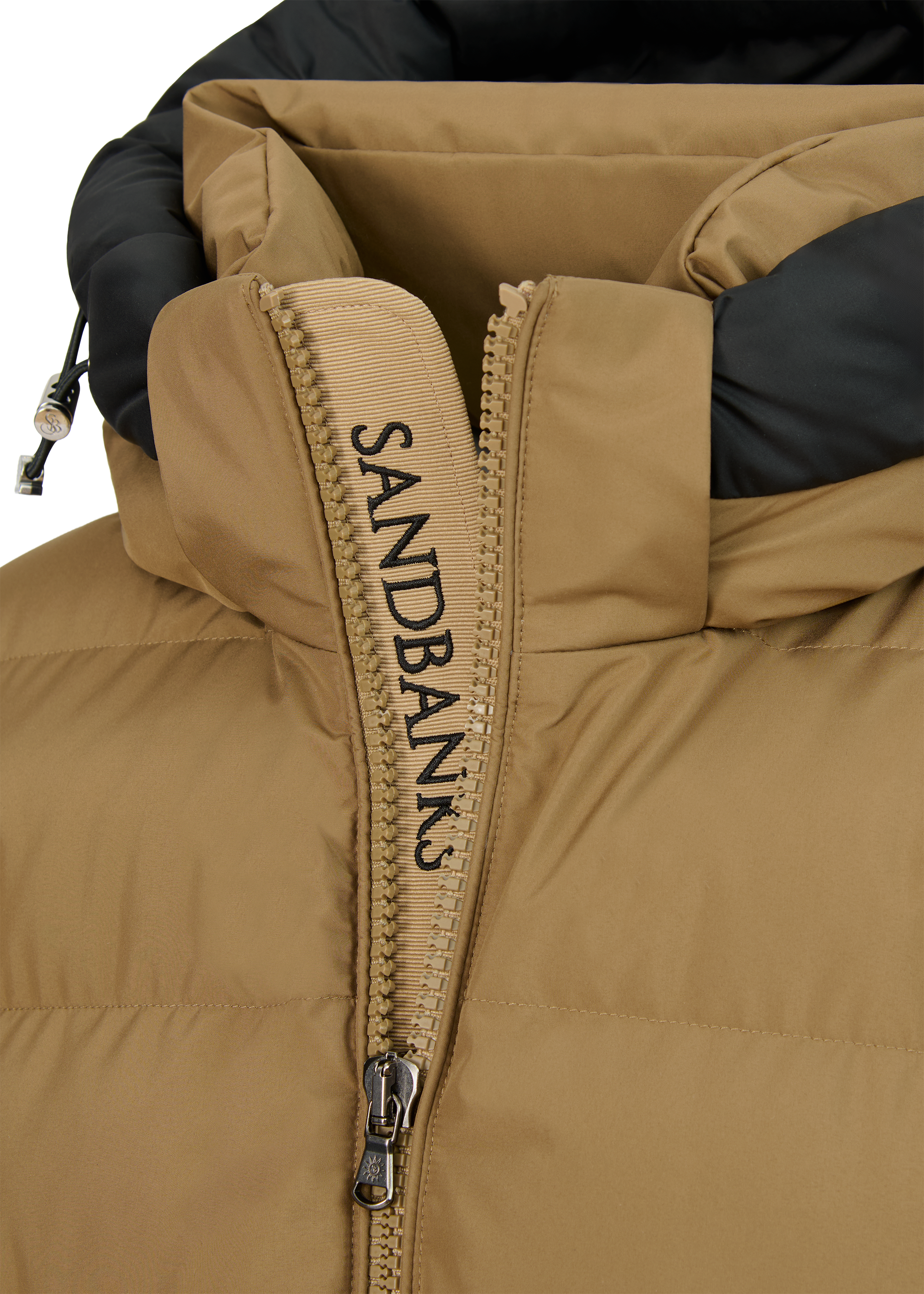 Close-up of a brown and black jacket with a hood on a white background