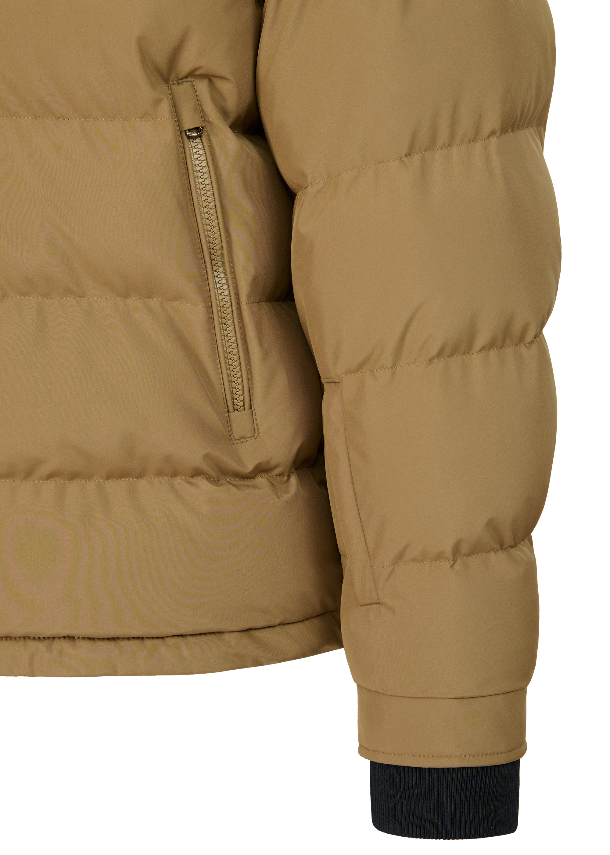 Close-up of a brown and black jacket with a hood on a white background