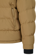 Close-up of a brown and black jacket with a hood on a white background