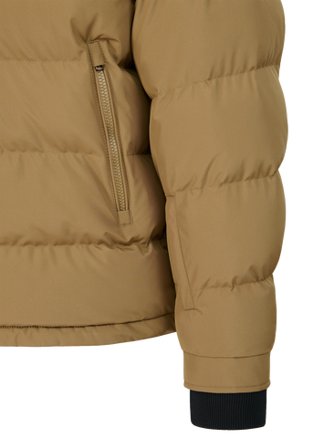Close-up of a brown and black jacket with a hood on a white background