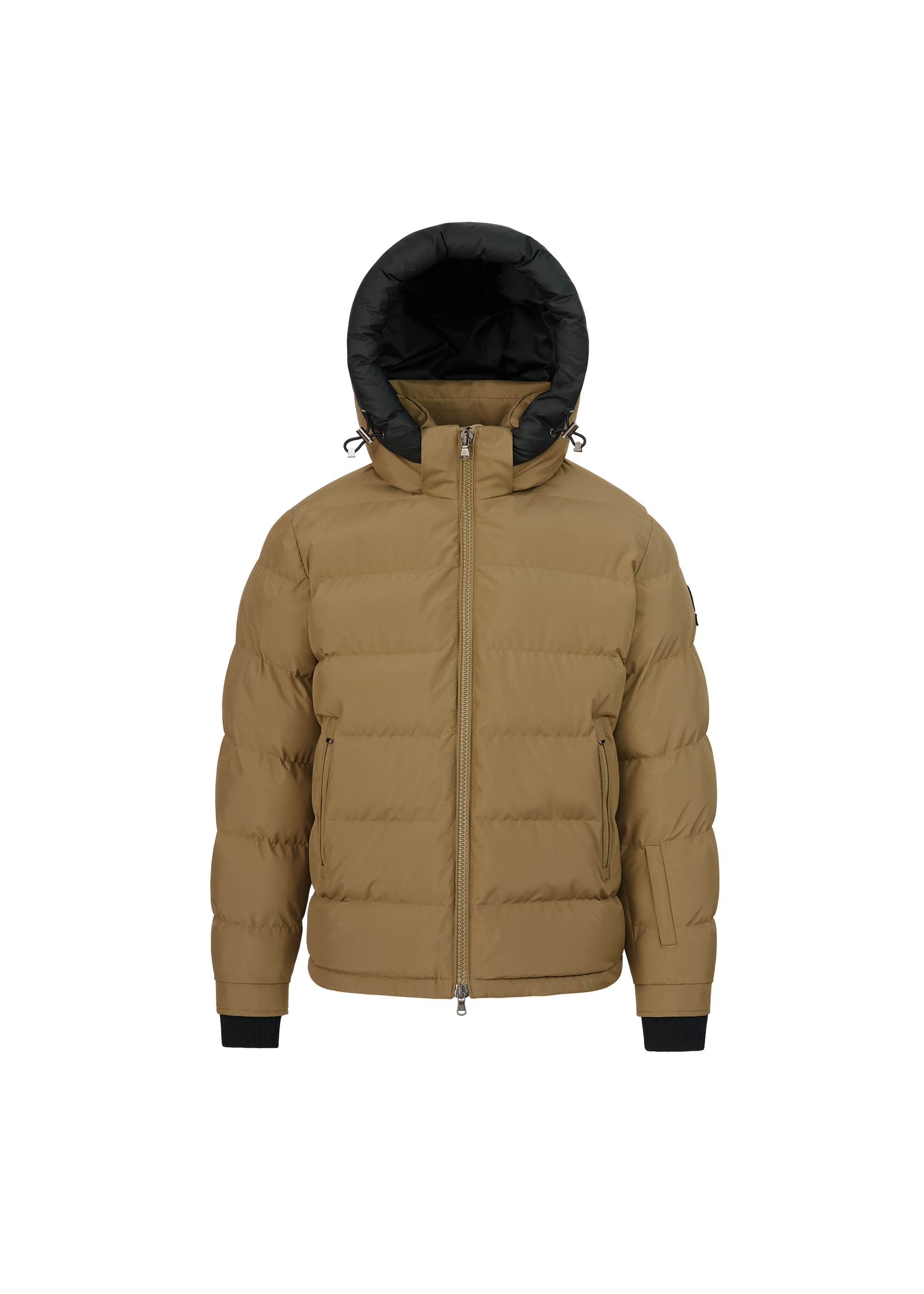 Brown puffer jacket with black hood on a white background