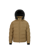 Brown puffer jacket with black hood on a white background