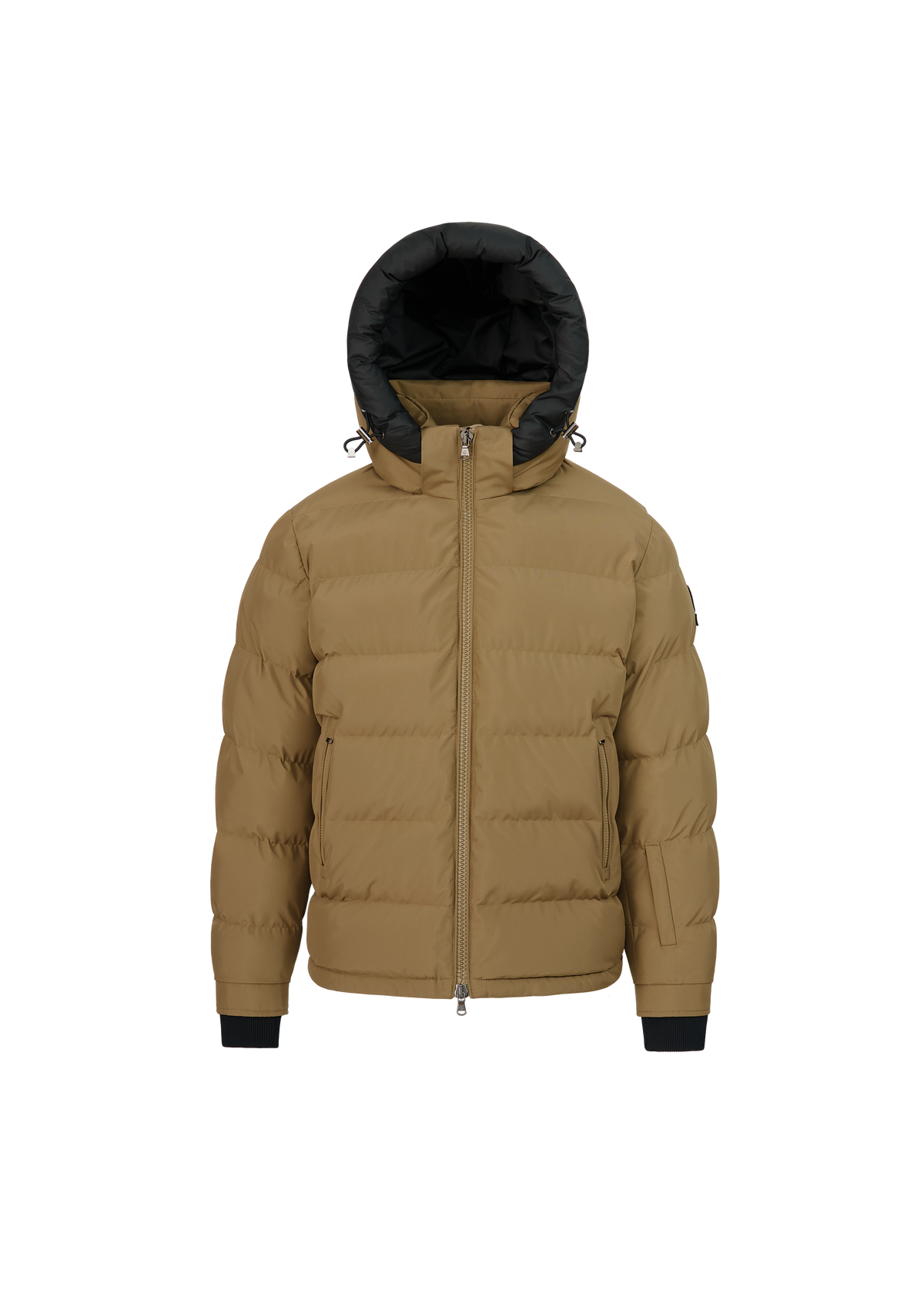 Brown puffer jacket with black hood on a white background