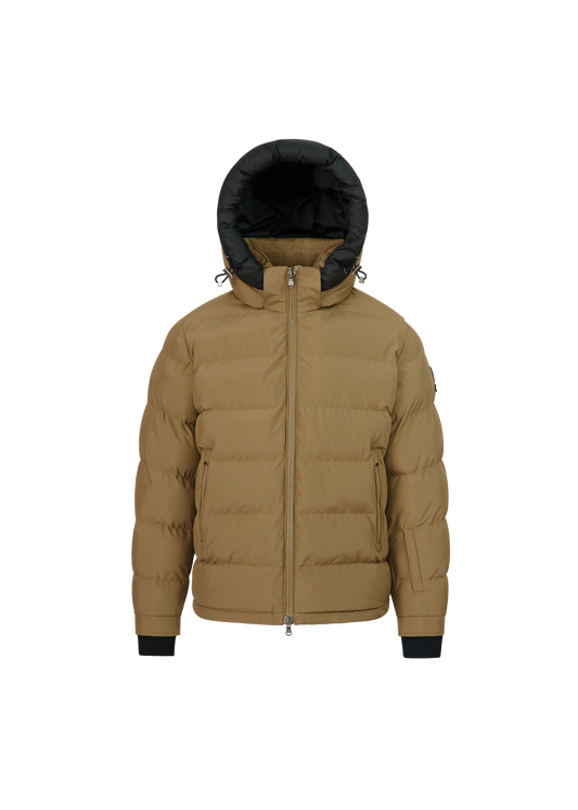 Brown puffer jacket with black hood on a white background