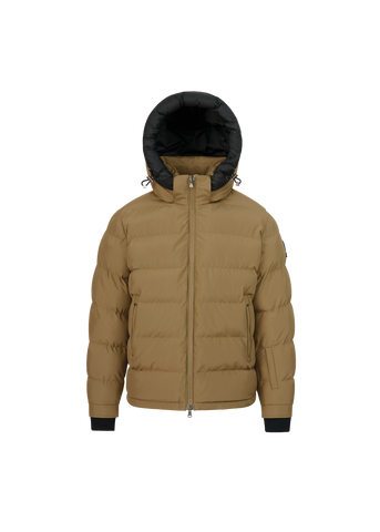 Brown puffer jacket with black hood on a white background