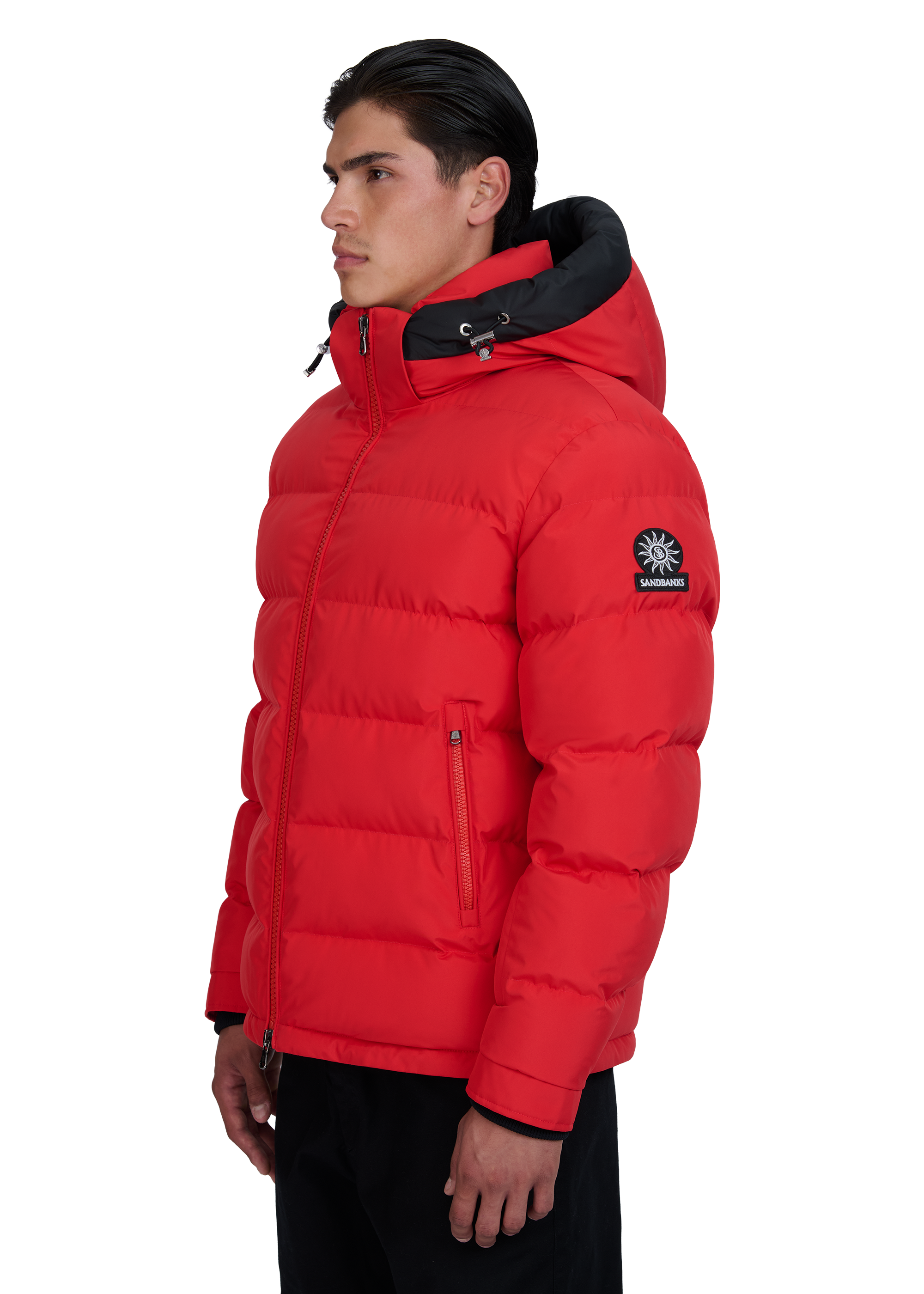 Red puffer jacket with a brand logo on a white background