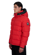Red puffer jacket with a brand logo on a white background