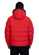 Red puffer jacket with black trim worn by a person on a white background