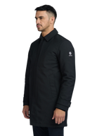 Man wearing a black coat with a brand logo on a white background