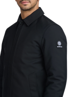 Black coat with a brand logo on the sleeve against a white background