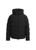 Black puffer jacket on a white background
