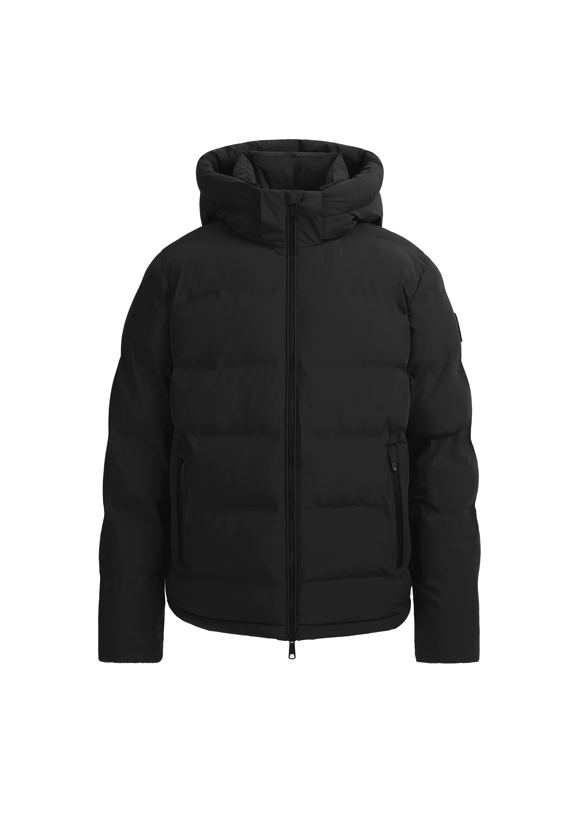Black puffer jacket on a white background